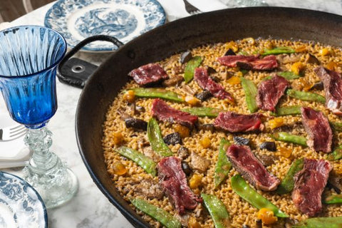 Receta de arroz con chuleta de buey, setas y tirabeques
