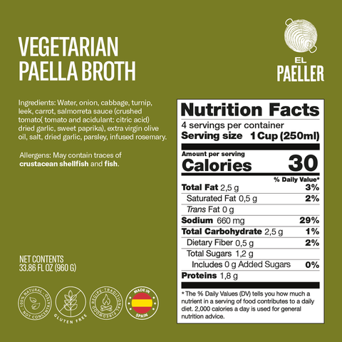 El Paeller Vegetarian Paella Broth label - 33.86 fl oz can, 100% natural