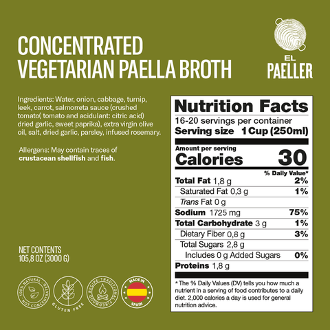 El Paeller Concentrated Vegetarian Paella Broth 3000g label - 105.8 oz can, 16-20 servings