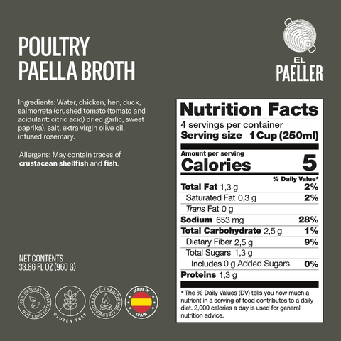 El Paeller Gourmet Poultry Paella Broth label - 33.86 fl oz can, 100% natural