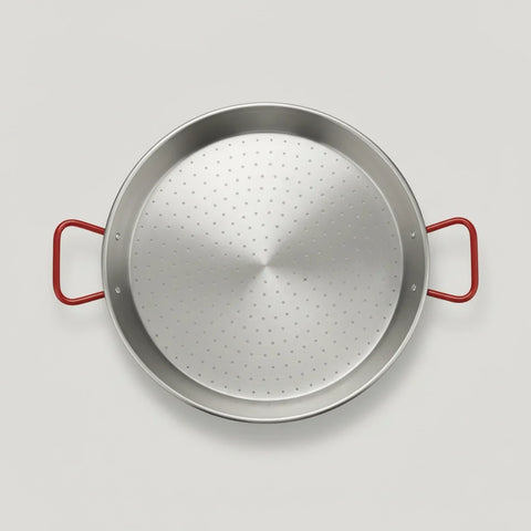 El Paeller Polished Carbon Steel Paella Pan - top view of the pan with red handles